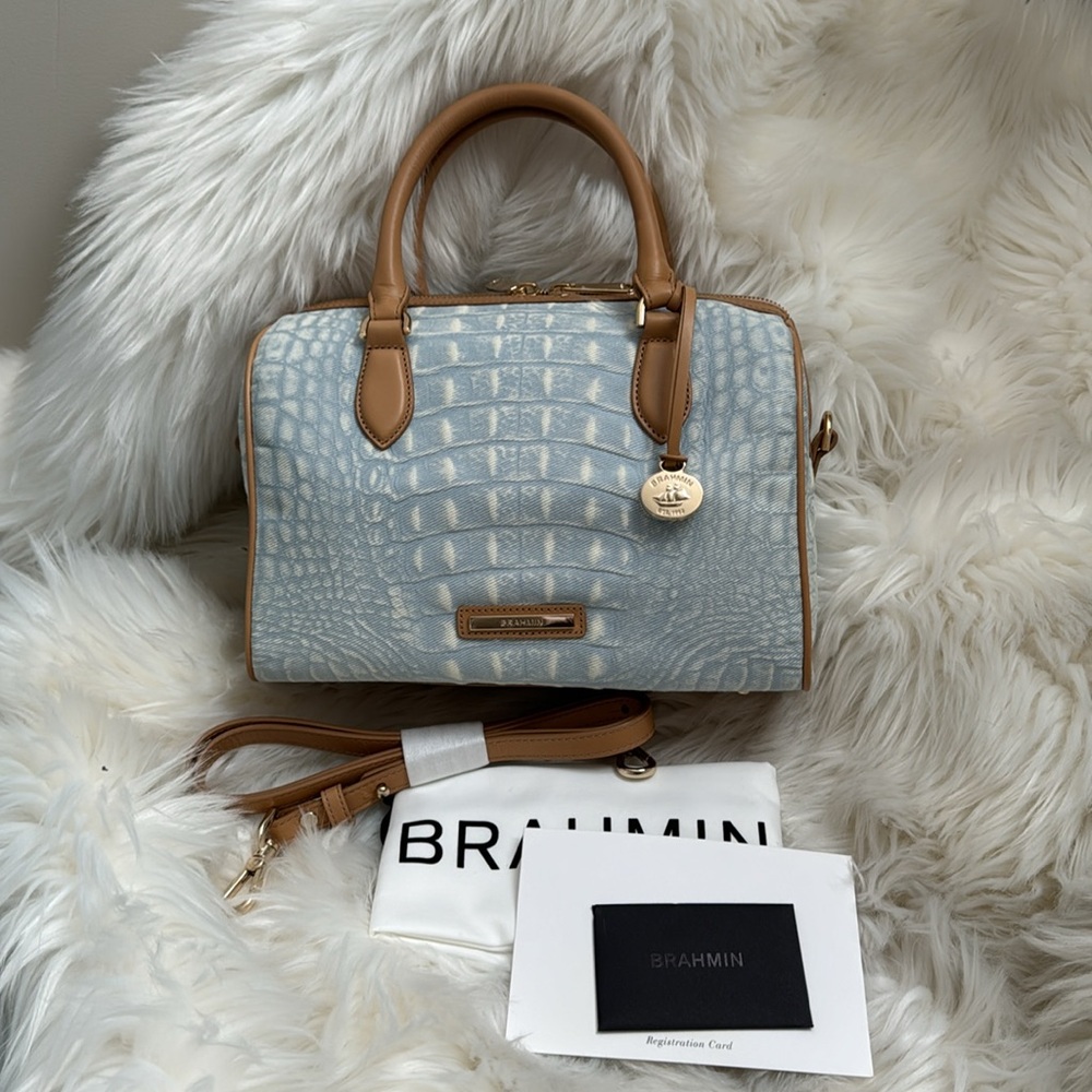 Brahmin Stacy Satchel Bag Croc Embossed Light Denim Quinze Tan Leather Accents - Picture 16 of 16